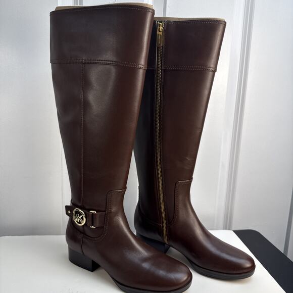 Michael Kors Harland Knee High Riding Boots Brown Leather 5M Wide Calf NWB - Picture 5 of 12